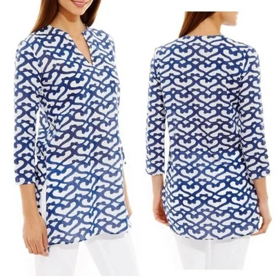 Roberta Roller Rabbit Big Cata Kurta Slits Tunic Cover Up Blouse Blue White M - Image 1 of 4