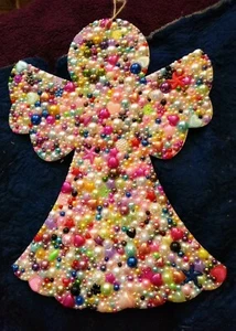 X LARGE HANDMADE pearl GEM ENCRUSTED WOODEN ANGEL HANGING GIFT - new see pic - Picture 1 of 5