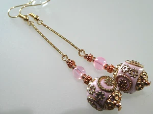 Vintage Look Dangly Long Ceramic Indonesian Bead Earrings + Free Secret Pair - Picture 1 of 7