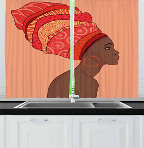 African Woman Curtains Young Girl Turban Window Drapes 2 Panel Set 55x39 Inches