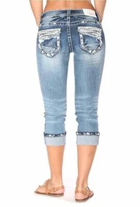Grace In LA Jeans Plus Capri Mid Rise Cropped Embroidered Bling Stretch Cuffed - Picture 1 of 10