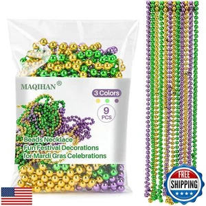 9 PCS Mardi Gras Beads - Beaded Necklace Bulk for Carnival Celebrations, 33" - Picture 1 of 5