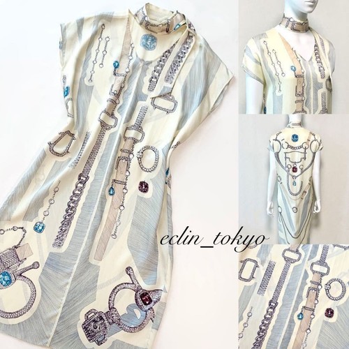 abito m714 Hermès in seta con cintura gioiello fantasia avorio blu taglia 38 ottimo