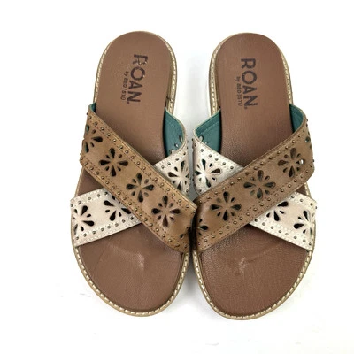Bed Stu Roan Chant Sandals 7.5 Leather Brown Ivory Cutout Floral Slides Womens - Image 1 of 4