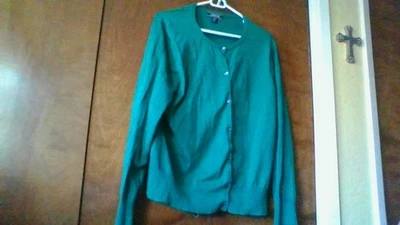 Pretty Green Sweater! Land's End XL (18) Cardigan Stretch Ribbed GREAT Cond! - Image 1 of 4