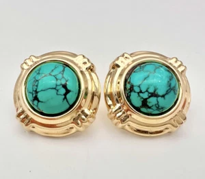 Designer 14k Yellow Gold Spiderweb Turquoise Omega Back Post Earrings 13.5g - Picture 1 of 5