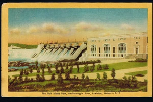 ANDROSCOGGIN RIVER LEWISTON, ME. POSTCARD LINEN MAINE GULF ISLAND DAM - Picture 1 of 2