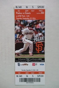 SAN FRANCISCO GIANTS VS SAN DIEGO PADRES 9/27/2014 FULL TICKET ~ ANGEL PAGAN - Picture 1 of 1