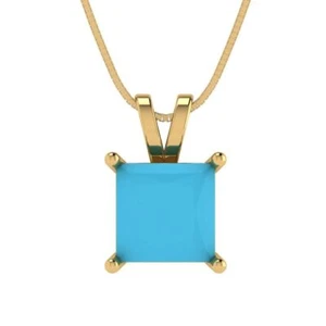 Collar colgante solitario de oro amarillo turquesa corte princesa de 2 quilates cadena de 16" - Imagen 1 de 11