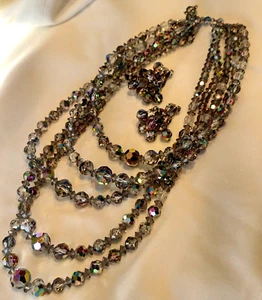 Vintage Laguna Necklace  Earrings Set 5 Strand Aurora Borealis Crystals signed - Picture 1 of 11