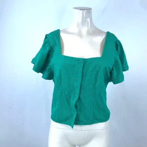 DOLAN - WOMEN'S MEDIUM - GREEN SHORT CAP SLEEVE SQUARE NECK BUTTON TOP SHIRT - Picture 1 of 6