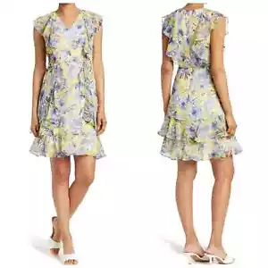 Neu mit Etikett Tommy Hilfiger gelb & blau gerüschte Blumenmuster Passform & Flare Chiffon Kleid Gr. 6 $ 129 - Bild 1 von 15