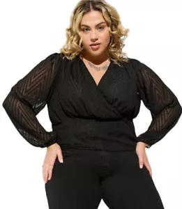 Torrid Woman’s Black Clip Zig Zag Surpplice Crop Long Sleeve Blouse V-Neck Sz 4X - Picture 1 of 24