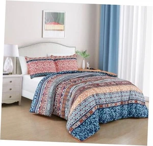 Shore 3-Piece Boho Stripe Full Comforter Set - Medallion Floral Colorful Navy - Picture 1 of 8