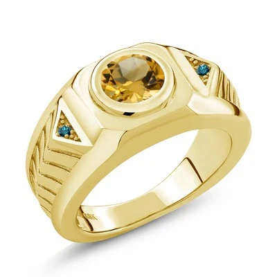 Anel masculino de prata folheado a ouro amarelo 18K com diamante azul citrino amarelo 1,53 quilates - Imagem 1 de 4