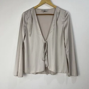 Never Fully Dressed Blouse Womens Size Small Champagne Beige Satin Tie V Neck - Picture 1 of 9