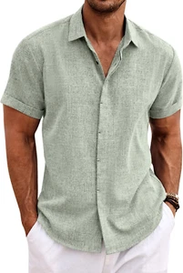 Men's Linen Short Sleeve Shirt – Casual Button Down for Beach, Summer, Wedding - Picture 1 of 12