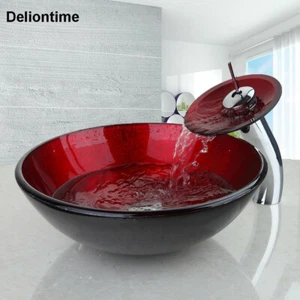 Bathroom Red Tempered Glass Basin Vessel Sink Faucet Waterfall Mixer Tap Set - Picture 1 of 7