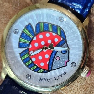 Betsey Johnson Fish Sparkle Rhinestones Heart Blue Patent Leather Band Watch - Picture 1 of 9