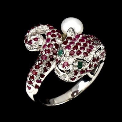 Rubin Smaragd Perle Raubkatze Ring 925 Silber 585 Weißgold vergoldet Gr. 59 - Bild 1 von 2