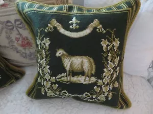 Aubusson style FRENCH COUNTRY Needlepoint Pillow Cover LAMB Gold & Drk Grn - Picture 1 of 9
