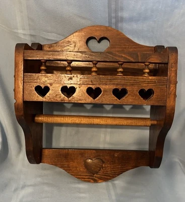 Wall Mount Paper Towel Holder Dark Wood Shelf CutoutHearts Country Farmhouse VTG - Image 1 of 4