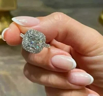 2.0CT Cushion Cut Diamond Lab-Created Halo Engagement Ring 14K White Gold Plated - Image 1 of 4