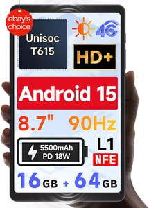 8.7 Inch Android 15 Tablet Unisoc T615 4G LTE HD Display 16GB RAM 64GB Storage - Picture 1 of 10