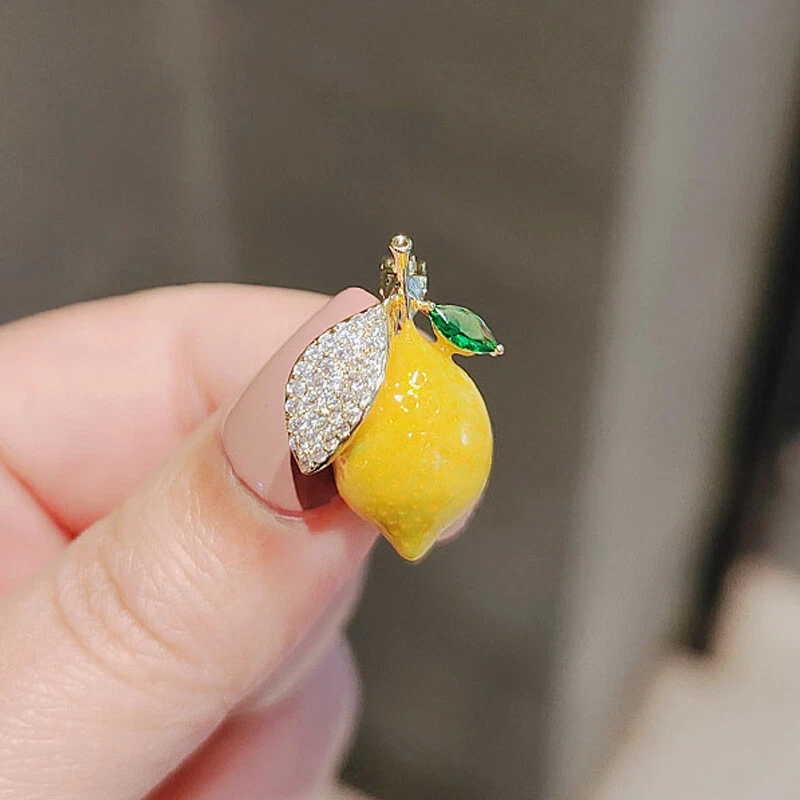 Art Deco Style Enamel Crystal Cute Yellow Lemon Brooch Shawl Pin - image 1 of 4