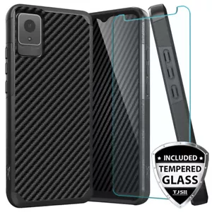 For TCL K11 Phone Case Hybrid Carbon Fiber TPU Armor Cover +Tempered Glass - Picture 1 of 12