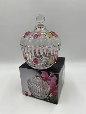 Soga Japan Crystal Lidded Candy Dish Amber Cranberry Glass Thumbprint Dots Vtg - Image 1 of 4