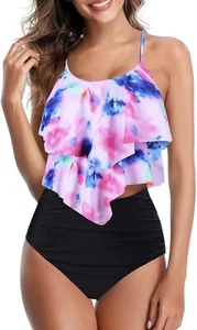 NWT Tankini Swimsuits Ruffled Tank Top Tummy Control XXL High Waisted Suit A2 - Picture 1 of 4