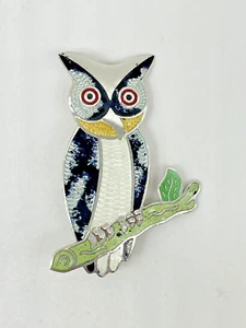 Vintage Mexico Sterling Silver Jeronimo Fuentes JF Owl Enamel Pin Brooch - Picture 1 of 8