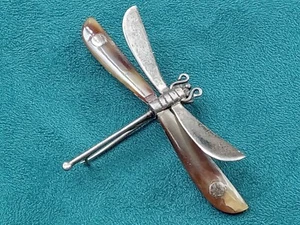Sterling Silver Dragonfly Pin w Brown Shell Bottom Wings: 2.5" w x 1.5" Hallmark - Picture 1 of 6