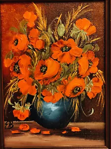 Bild Öl auf Presspappe Mohn Bumen Strauss 12 x 17 cm / 28x33 signiert - Bild 1 von 15