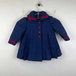 Vintage Kids Rothschild Navy Wool Dress Coat Red Velvet Size 2T - Picture 1 of 8