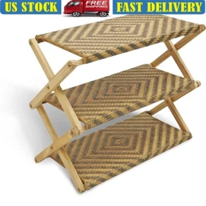 3-Tier Foldable Pine Wood Shoe Rack Organizer Storage Shelf Entryway Decor New - Picture 1 of 8