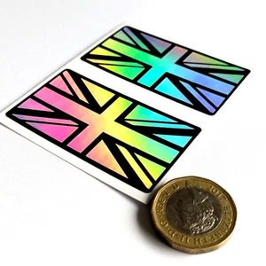 2 x Union Jack Holographic Vinyl Decals - Oil Slick Effect - Stickers - Picture 1 of 5
