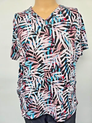 Easy Stretch XL Scrub Top Wine Black Leaves Pockets Stretch - Image 1 of 3