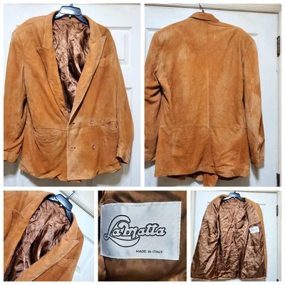 Blazer Lamatta Hombre 42 Marrón Gamuza Cuero Doble Pecho Muesca Solapa Hecho en Italia Foto 1 de 4