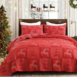 Weihnachten Samt Quilt Queen Size - 3-teiliges Quilt Set mit Weihnachtsbaum Rentier - Bild 1 von 6