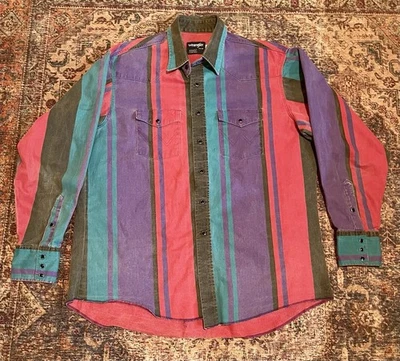 Vintage Wrangler Brushpopper Shirt 17.5 36 XL Western Cowboy Pink Teal Purple - Image 1 of 4