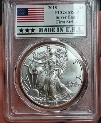 2018 Silver Eagle MS69 First Strike MADE IN USA Label - Image 1 of 2