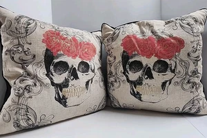 Halloween/ Sugar Skull Pillows Roses Black Velvet Day of Dead Witch Crafters 17" - Picture 1 of 12