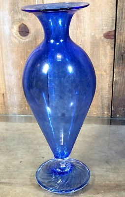 Vintage Cobalt Blue Glass Bud Vase Hand Blown 10” Tall Swirl "Exquisite" - Image 1 of 4