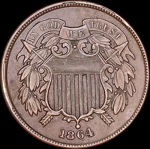 1864 2C Two-Cent Piece Large Motto Uncertified Circulated With Cuds on Obverse - Picture 1 of 4