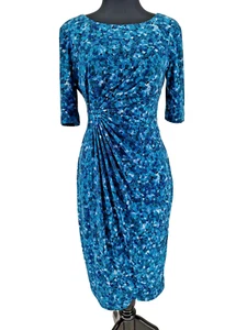 Connected Apparel Woman Blue Faux Wrap Ruched Dress Size 6 Bodice Lined Stretch - Picture 1 of 11