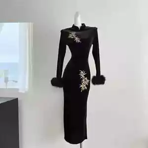 Women Velvet Dress Faux fur Sleeve Bamboo Embroidered Dress Evening Dress - Picture 1 of 11