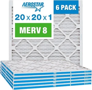 Aerostar 20x20x1 MERV 8 Pleated Air Filters, 6 Pack, (608F) - Picture 1 of 9