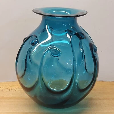 Bruce Cobb Lily Pad Art Glass Vase Arts and Craft Style Signed 5.5" Tall - Image 1 of 4